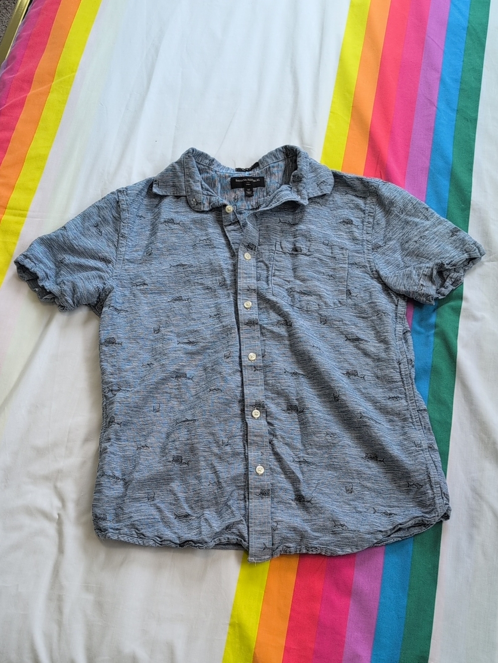 Banana Republic Men's Blue Marine Print Linen Short-Sleeve Button-Down